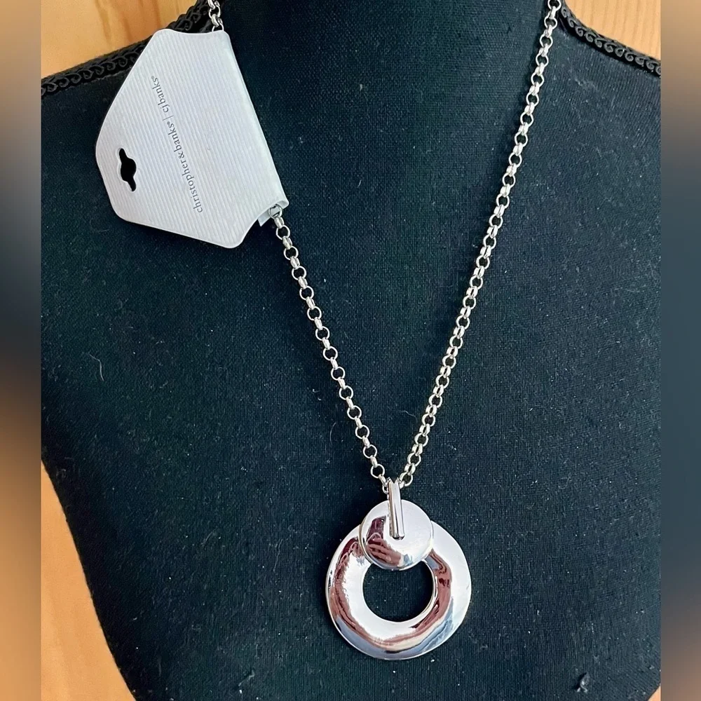 Christopher & Banks Silver Donut Circle Geometric Statement Pendant Necklace 20”